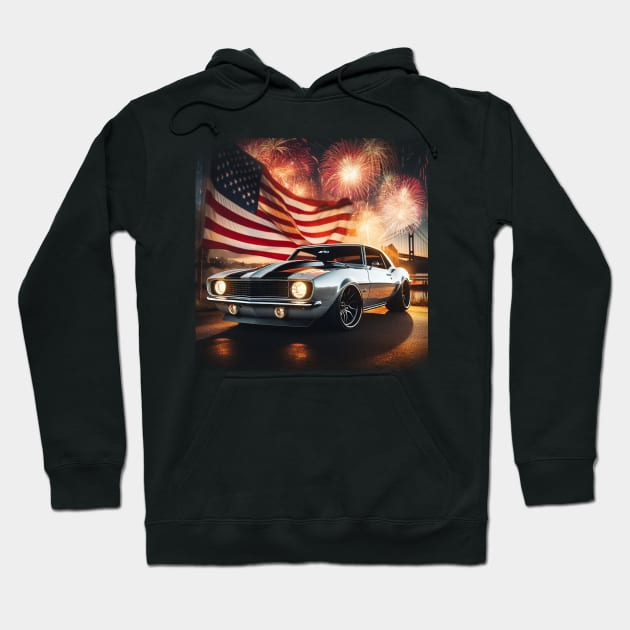 Classic Chevrolet Camaro and The American Flag by Gas Autos Hoodie by GasAut0s